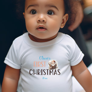 First Christmas Watercolor Santa Reindeer Name Baby Bodysuit