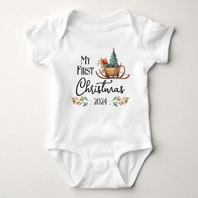 First Christmas Watercolor Sled Baby Bodysuit (Front)