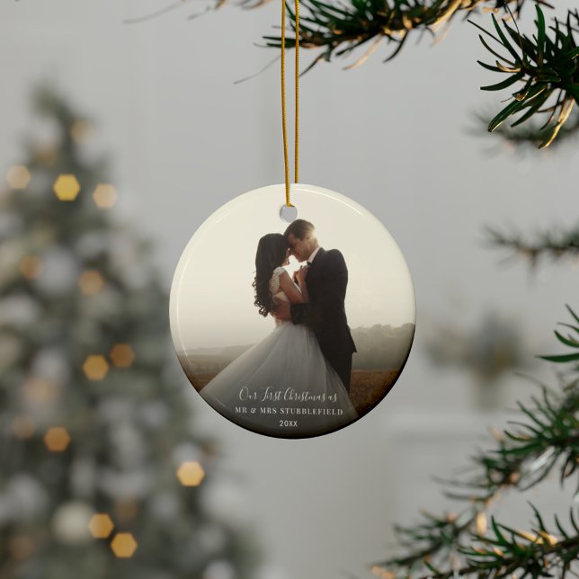 First Christmas Wedding Day Photo Calligraphy Ceramic Ornament (First Christmas as Mr and Mrs Ceramic Ornament)