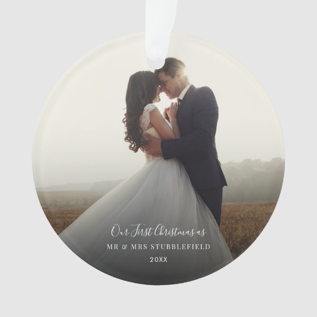 First Christmas Wedding Day Photo Hand-Lettered Ornament (Front)