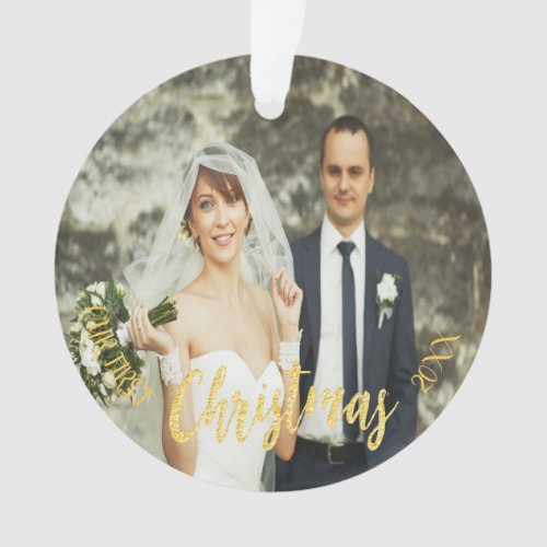 First Christmas wedding photo gold script Ornament