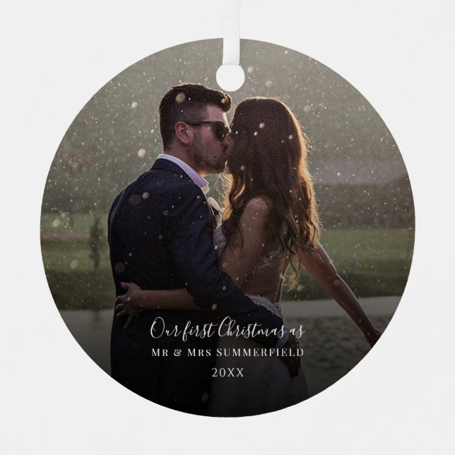 First Christmas Wedding Photo Keepsake Metal Ornament (Front)