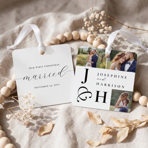 First Christmas Wedding Photo Monogram Keepsake Metal Ornament