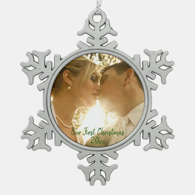 First Christmas Wedding Photo Snowflake Pewter Chr Snowflake Pewter Christmas Ornament (Front)