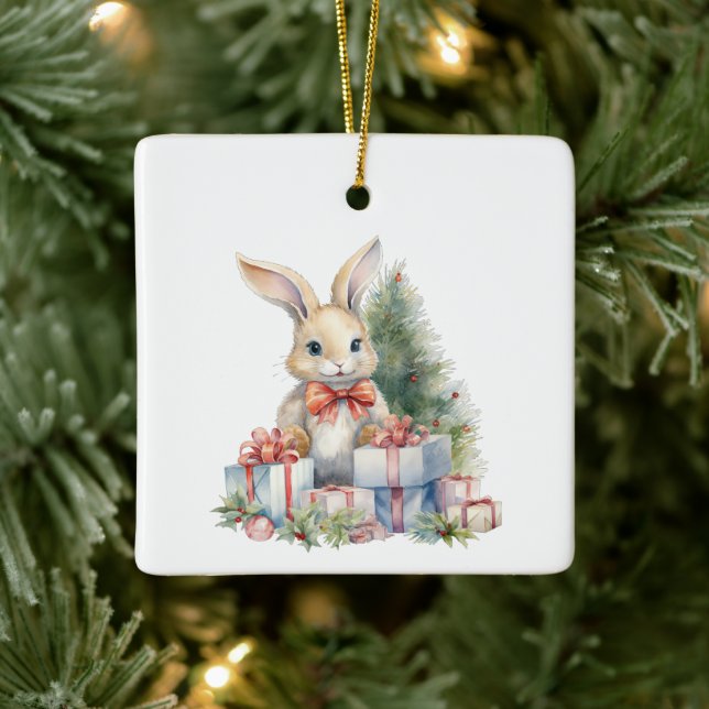 First Christmas Whimsical Cute Bunny Customized Ceramic Ornament (Tree)