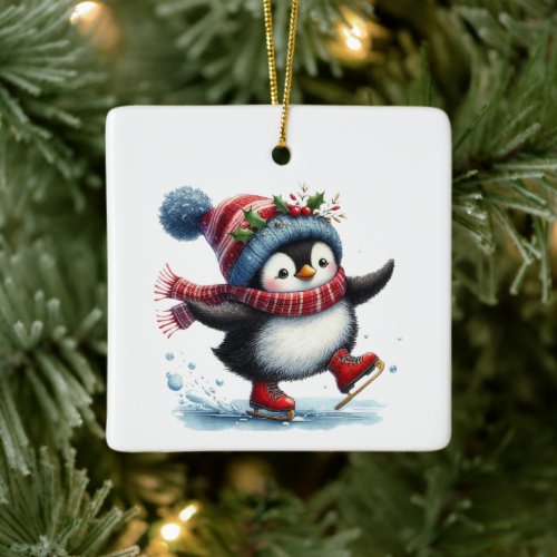 First Christmas Whimsical Cute Penguin Customized Ceramic Ornament