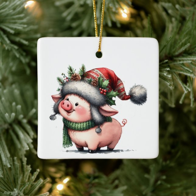 First Christmas Whimsical Cute Pig Customized Ceramic Ornament (Tree)