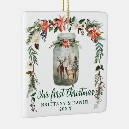First Christmas Winter Deers Green PHOTO BACK Ceramic Ornament
