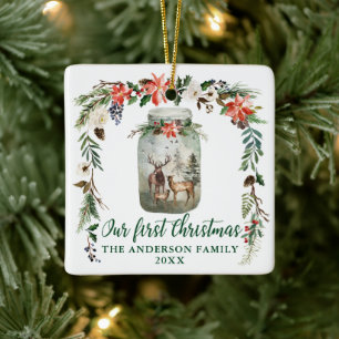 First Christmas Winter Floral Deer Family Green Ceramic Ornament