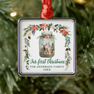 First Christmas Winter Floral Deer Family Green Metal Ornament