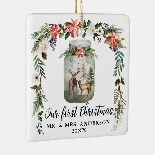 First Christmas Winter Floral Deer PHOTO BACK Ceramic Ornament