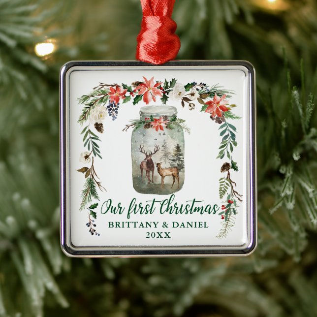 First Christmas Winter Floral Deers Green Metal Ornament (Tree)