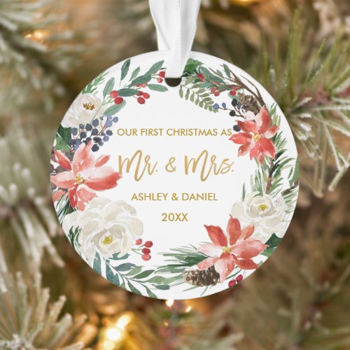 First Christmas Winter Floral Gold Photo Back Ornament