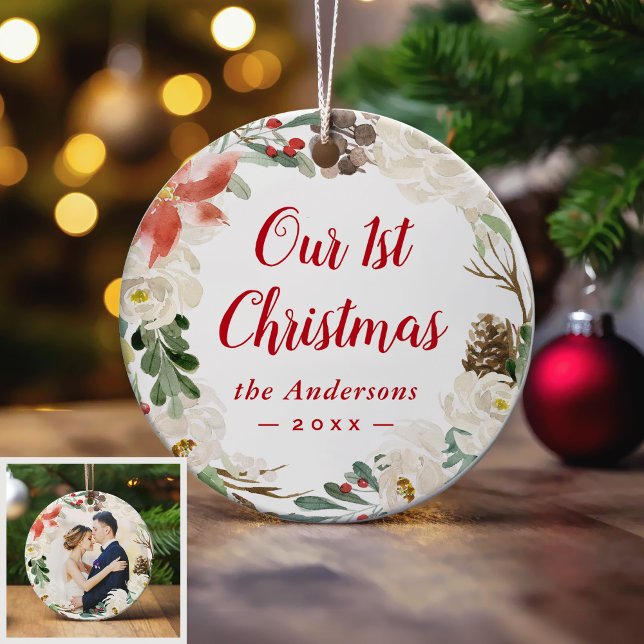 First Christmas Winter Ivory Floral Wreath Photo Ceramic Ornament (Sample)