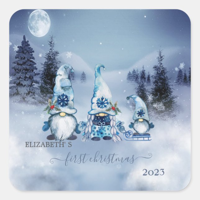 First Christmas,Winter Landscape,Blue Gnomes Square Sticker (Front)