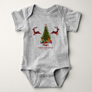 First Christmas with Christmas Tree and Plaid Deer Baby Bodysuit