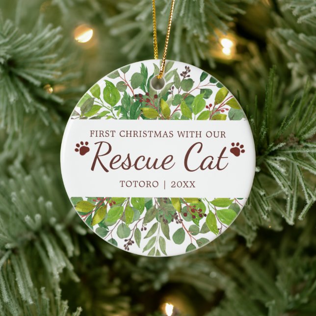 First Christmas With Our Rescue Cat Personalized Ceramic Ornament (Tree)