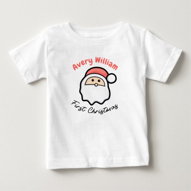 First Christmas With Santa Pink Name Baby T-Shirt (Front)