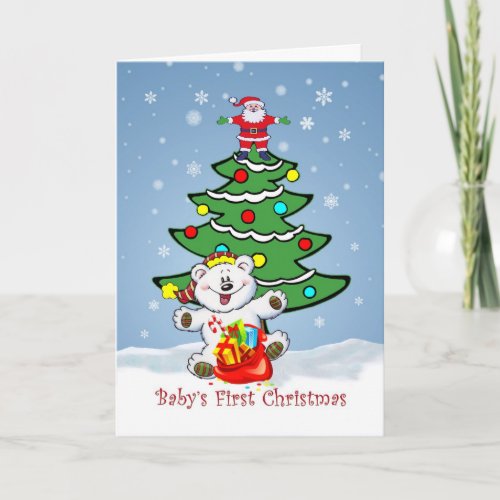 First Christmas with tree Santa Teddy Bear card
