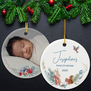 First Christmas Woodland Animal Baby Photo Ceramic Ornament
