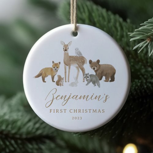 First Christmas Woodland Animals Baby Stats Ceramic Ornament