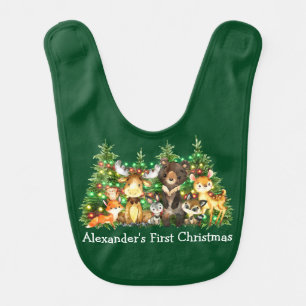 First Christmas Woodland Animals Lights Green Baby Bib