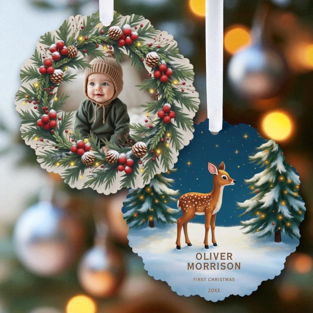 First Christmas Woodland Baby Deer Personalized Ornament Card (Creator Uploaded)
