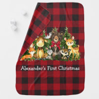 First Christmas Woodland Forest Animals Bow Plaid Baby Blanket