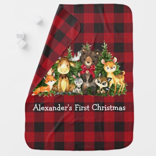 First Christmas Woodland Forest Animals Bow Plaid Baby Blanket