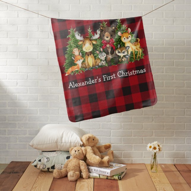 First Christmas Woodland Forest Animals Bow Plaid Baby Blanket (In Situ)