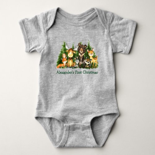 First Christmas Woodland Forest Animals Gray Baby Bodysuit