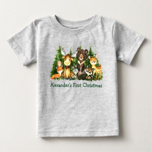 First Christmas Woodland Forest Animals Gray Baby T_Shirt