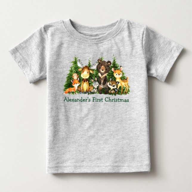 First Christmas Woodland Forest Animals Gray Baby T-Shirt (Front)