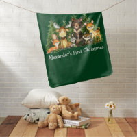 First Christmas Woodland Forest Animals Green Baby Blanket