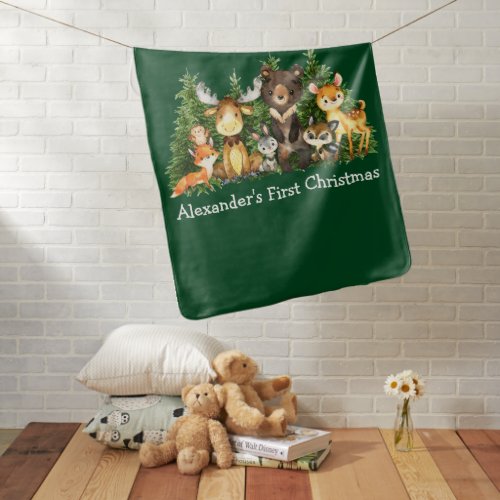 First Christmas Woodland Forest Animals Green Baby Blanket