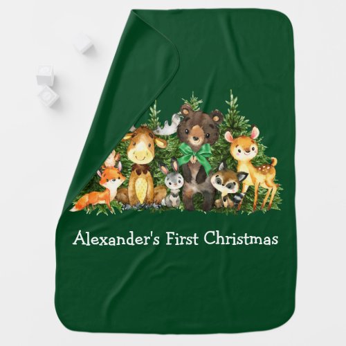 First Christmas Woodland Forest Animals Green Bow  Baby Blanket