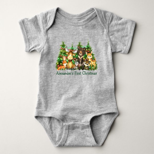 First Christmas Woodland Forest Animals Lights Baby Bodysuit (Front)