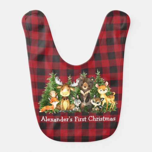 First Christmas Woodland Forest Animals Plaid Baby Bib