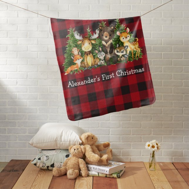 First Christmas Woodland Forest Animals Plaid Baby Blanket (In Situ)