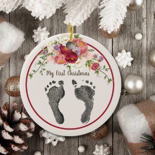 First Christmas Your Baby's Foot Print Red Floral  Ceramic Ornament