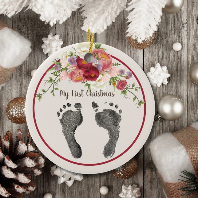 First Christmas Your Baby's Foot Print Red Floral  Ceramic Ornament (Creator Uploaded)