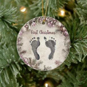 First Christmas Your Baby's Foot Prints Floral Ceramic Ornament