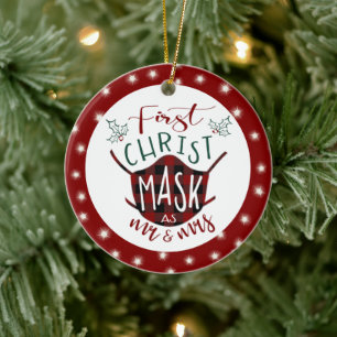 First ChristMASK as Mr and Mrs Buffalo Check Photo Ceramic Ornament