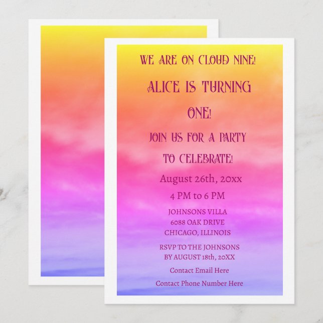First Cloud Nine Birthday Party 1st Pink Artsy Invitation (Front/Back)