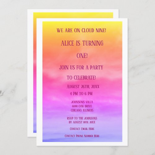First Cloud Nine Birthday Party 1st Pink Colorful Invitation