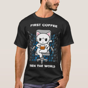 First Coffee Then The World Caffeine Funny Cats Ki T-Shirt