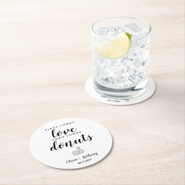 First Comes Love Donuts Sweet Treat Wedding Favor Round Paper Coaster (Insitu)