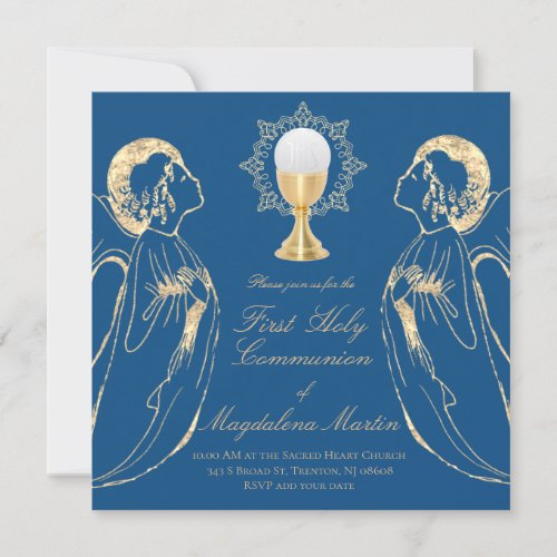first communion adoring angels on classic blue invitation