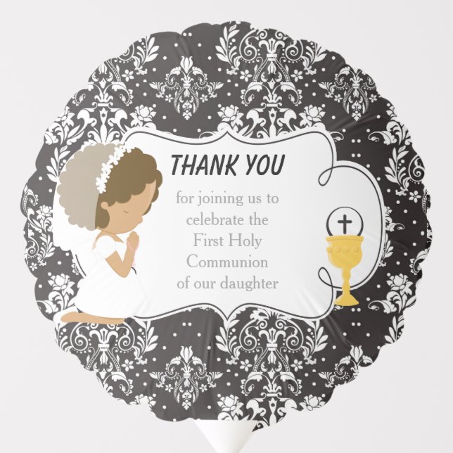 First Communion African American Black Damask Balloon (Front)
