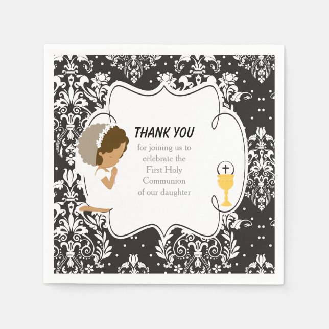 First Communion African American Black Damask Napkins (Front)